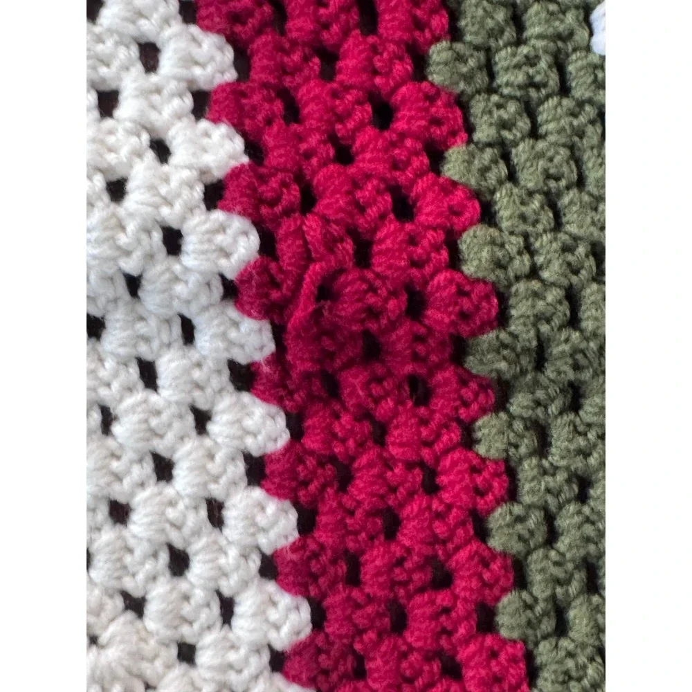Handmade Crochet Granny Square Throw Blanket Green Red White Afghan 54x54
